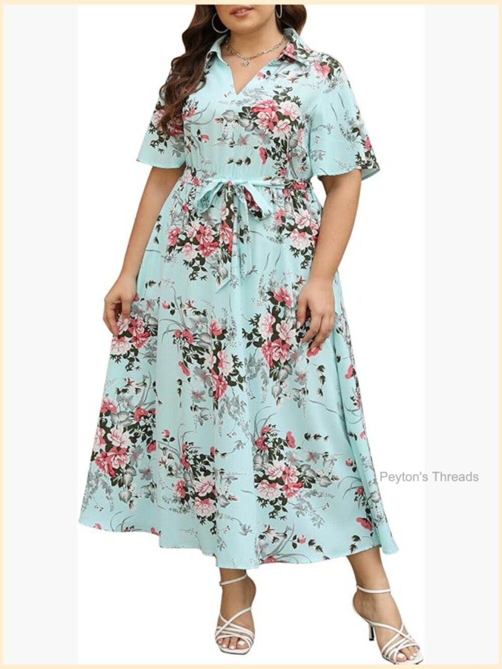 Plus Size Maxi Dress Boho Floral Empire Waist V-Neck 3/4 Sleeve with Pockets
